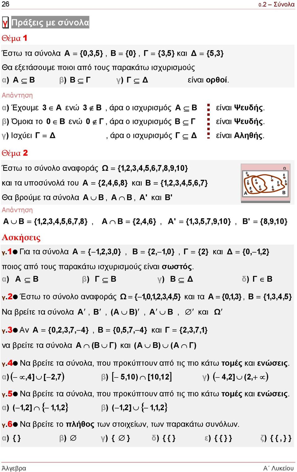 Θέµα Έστω το σύνολο αναφοράς = {1,,3,4,5,6,7,8,9,10} και τα υποσύνολά του = {,4,6,8 } και = {1,,3,4,5,6,7 } Θα βρούµε τα σύνολα πάντηση,, ' και ' = {1,,3,4,5,6,7,8 }, = {,4,6}, ' = {1,3,5,7,9,10}, '