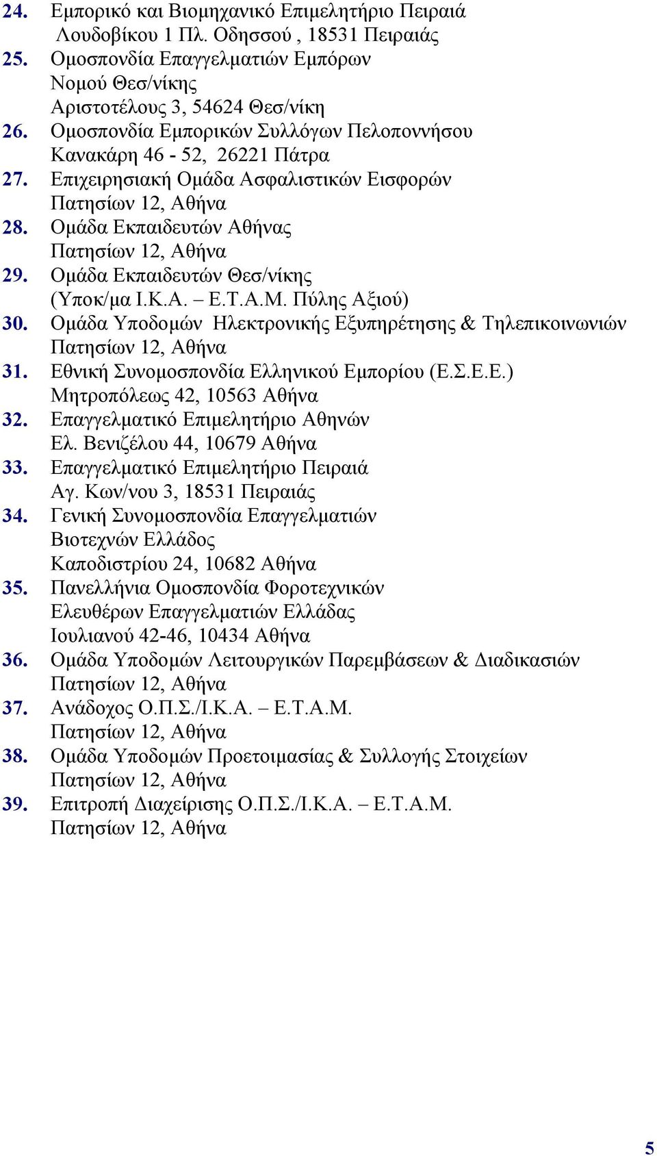Πύλης Αξιού) 30. Ομάδα Υποδομών Ηλεκτρονικής Εξυπηρέτησης & Τηλεπικοινωνιών 31. Εθνική Συνομοσπονδία Ελληνικού Εμπορίου (Ε.Σ.Ε.Ε.) Μητροπόλεως 42, 10563 Αθήνα 32. Επαγγελματικό Επιμελητήριο Αθηνών Ελ.