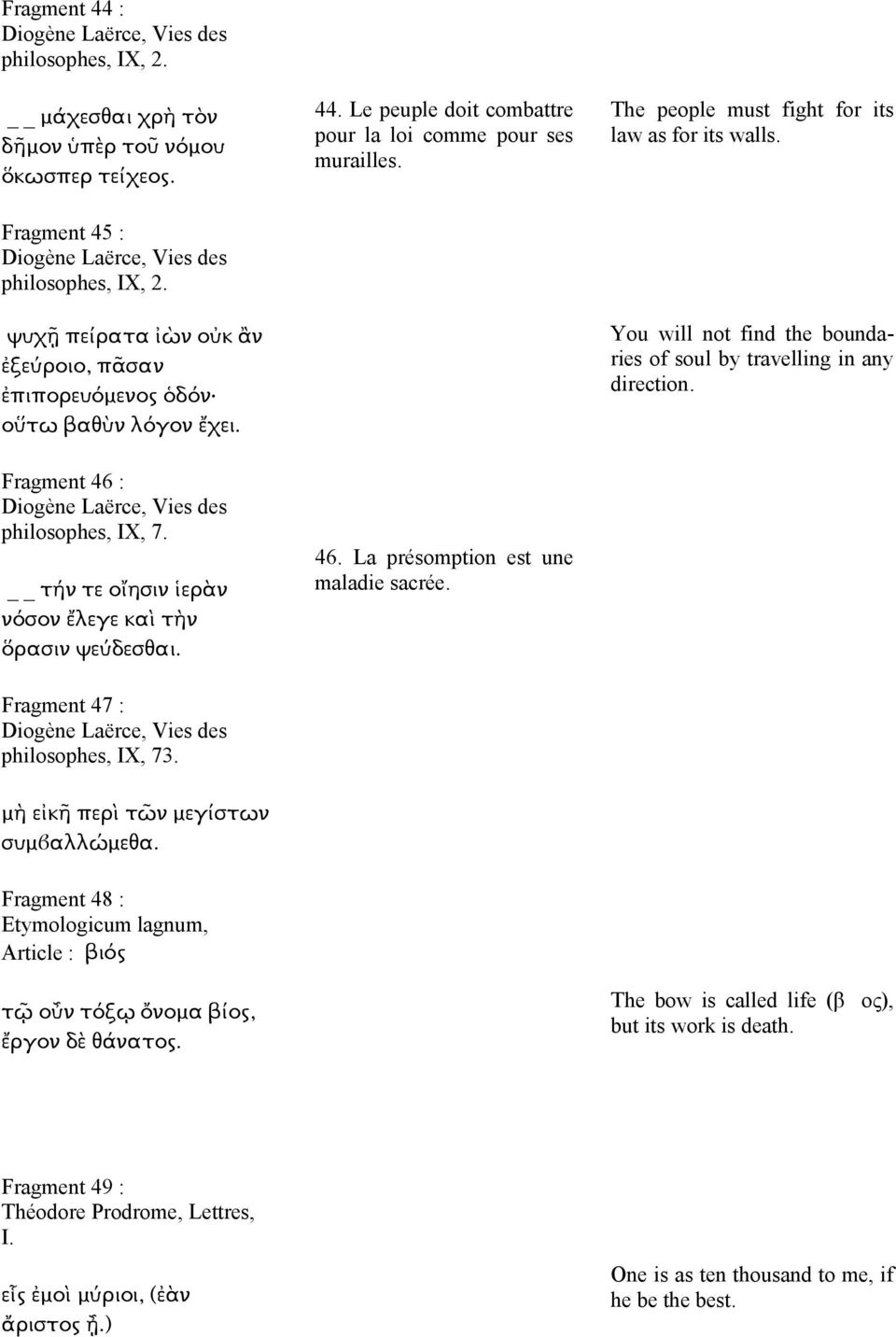 Fragment 47 : Diogène Laërce, Vies des philosophes, IX, 73. 44. Le peuple doit combattre pour la loi comme pour ses murailles. 46. La présomption est une maladie sacrée.