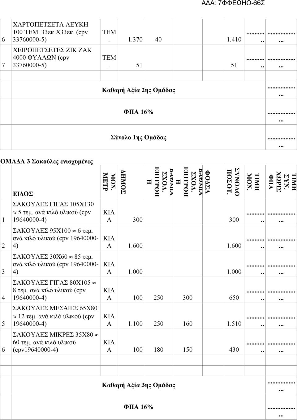 ανά κιλό υλικού (cpv 19640000-4) ΣΑΚΟΥΛΕΣ 30Χ60 85 τεμ. ανά κιλό υλικού (cpv 19640000-4) ΣΑΚΟΥΛΕΣ ΓΙΓΑΣ 80X105 8 τεμ. ανά κιλό υλικού (cpv 19640000-4) ΣΑΚΟΥΛΕΣ ΜΕΣΑΙΕΣ 65Χ80 12 τεμ.