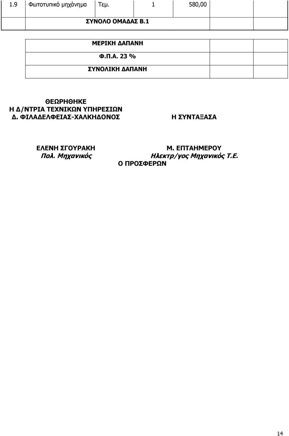 ΑΝΗ Φ.Π.Α. 23 % ΣΥΝΟΛΙΚΗ ΔΑΠΑΝΗ ΘΕΩΡΗΘΗΚΕ Η Δ/ΝΤΡΙΑ ΤΕΧΝΙΚΩΝ ΥΠΗΡΕΣΙΩΝ Δ.