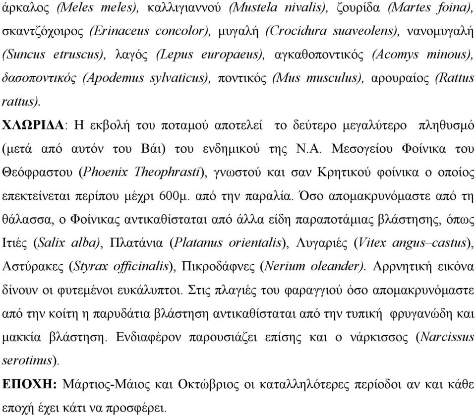 ΧΛΩΡΙ Α: Η εκβολή του ποταµού αποτελεί το δεύτερο µεγαλύτερο πληθυσµό (µετά από αυτόν του Βάι) του ενδηµικού της Ν.Α. Μεσογείου Φοίνικα του Θεόφραστου (Phoenix Theophrasti), γνωστού και σαν Κρητικού φοίνικα ο οποίος επεκτείνεται περίπου µέχρι 600µ.