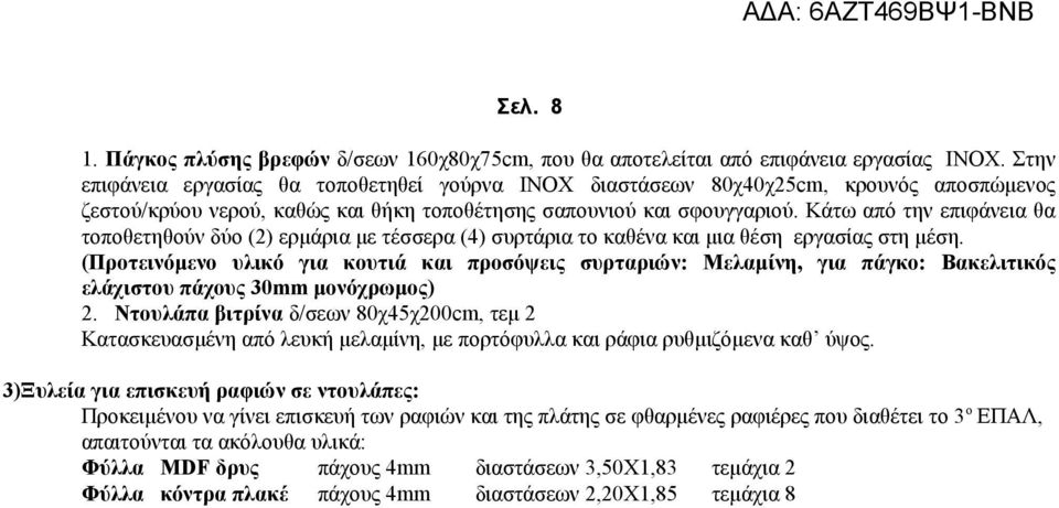 Κάτω από την επιφάνεια θα τοποθετηθούν δύο (2) ερμάρια με τέσσερα (4) συρτάρια το καθένα και μια θέση εργασίας στη μέση.