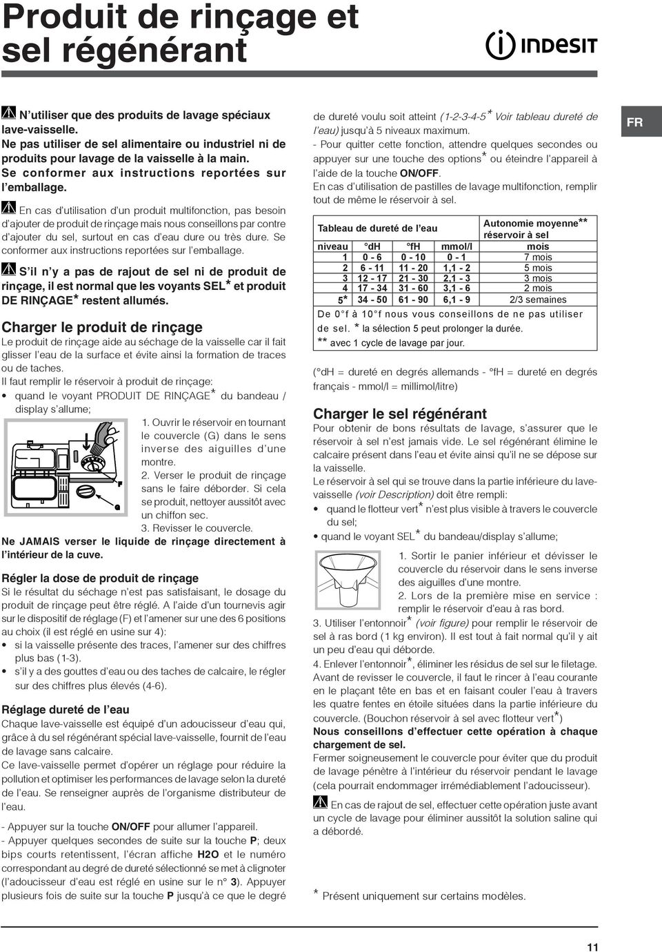 En cas d utilisation d un produit multifonction, pas besoin d ajouter de produit de rinçage mais nous conseillons par contre d ajouter du sel, surtout en cas d eau dure ou très dure.