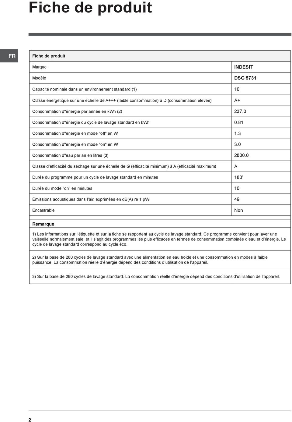 3 Consommation d''energie en mode "on" en W 3.0 Consommation d''eau par an en litres (3) 2800.