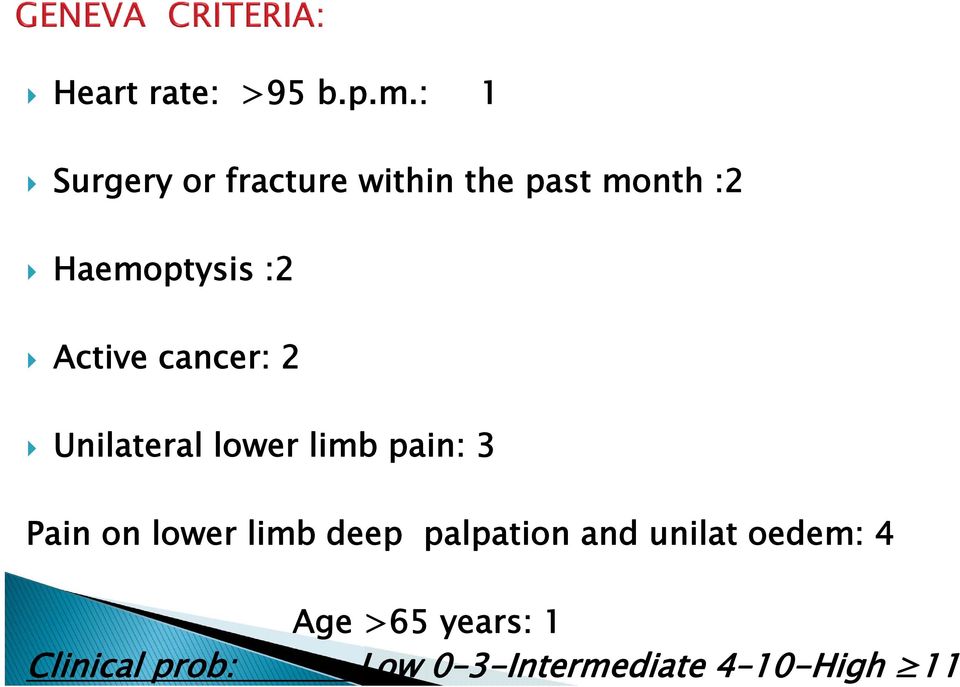 :2 Active cancer: 2 Unilateral lower limb pain: 3 Pain on
