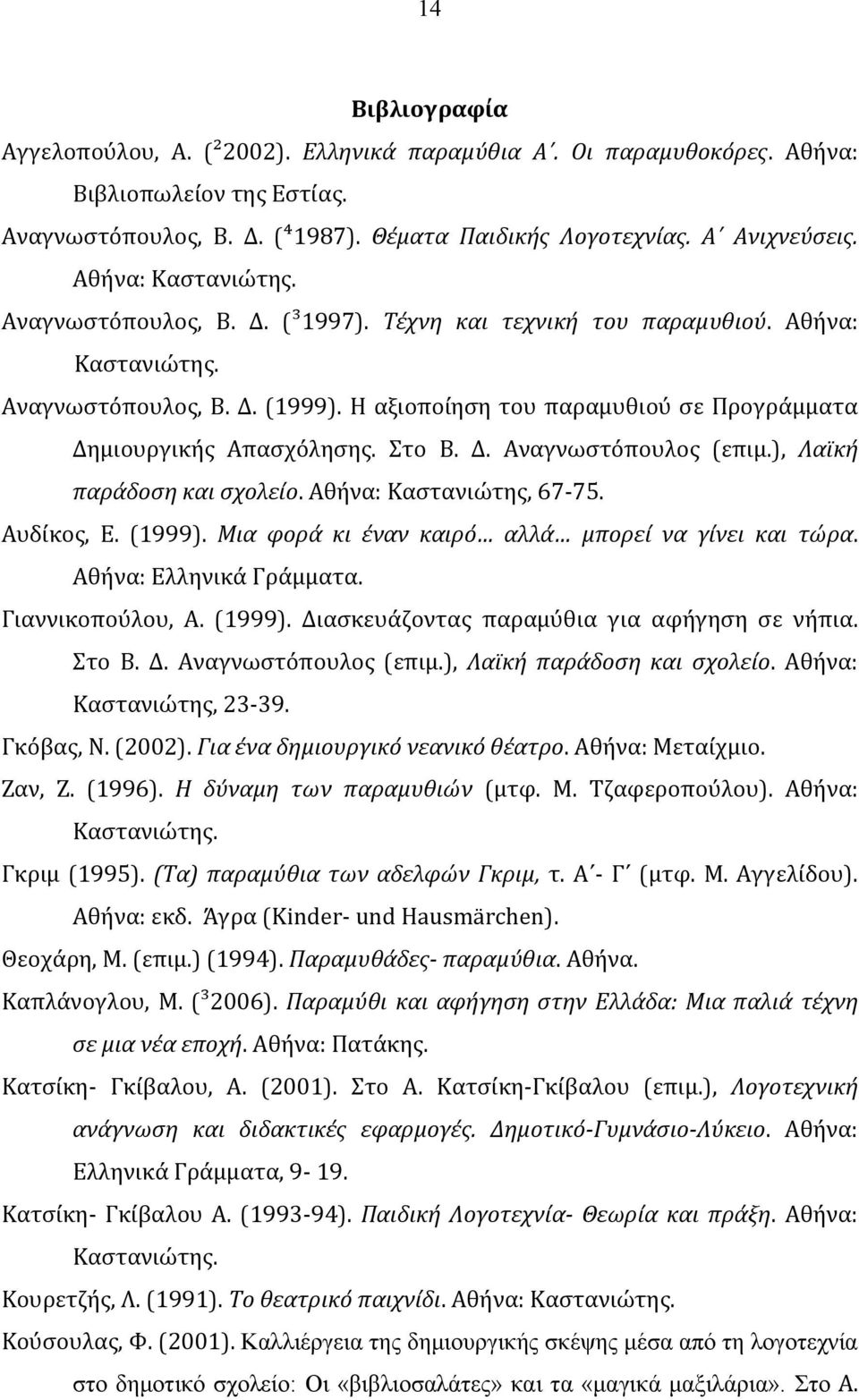 Η αξιοποίηση του παραμυθιού σε Προγράμματα Δημιουργικής Απασχόλησης. Στο Β. Δ. Αναγνωστόπουλος (επιμ.), Λαϊκή παράδοση και σχολείο. Αθήνα: Καστανιώτης, 67-75. Αυδίκος, Ε. (1999).