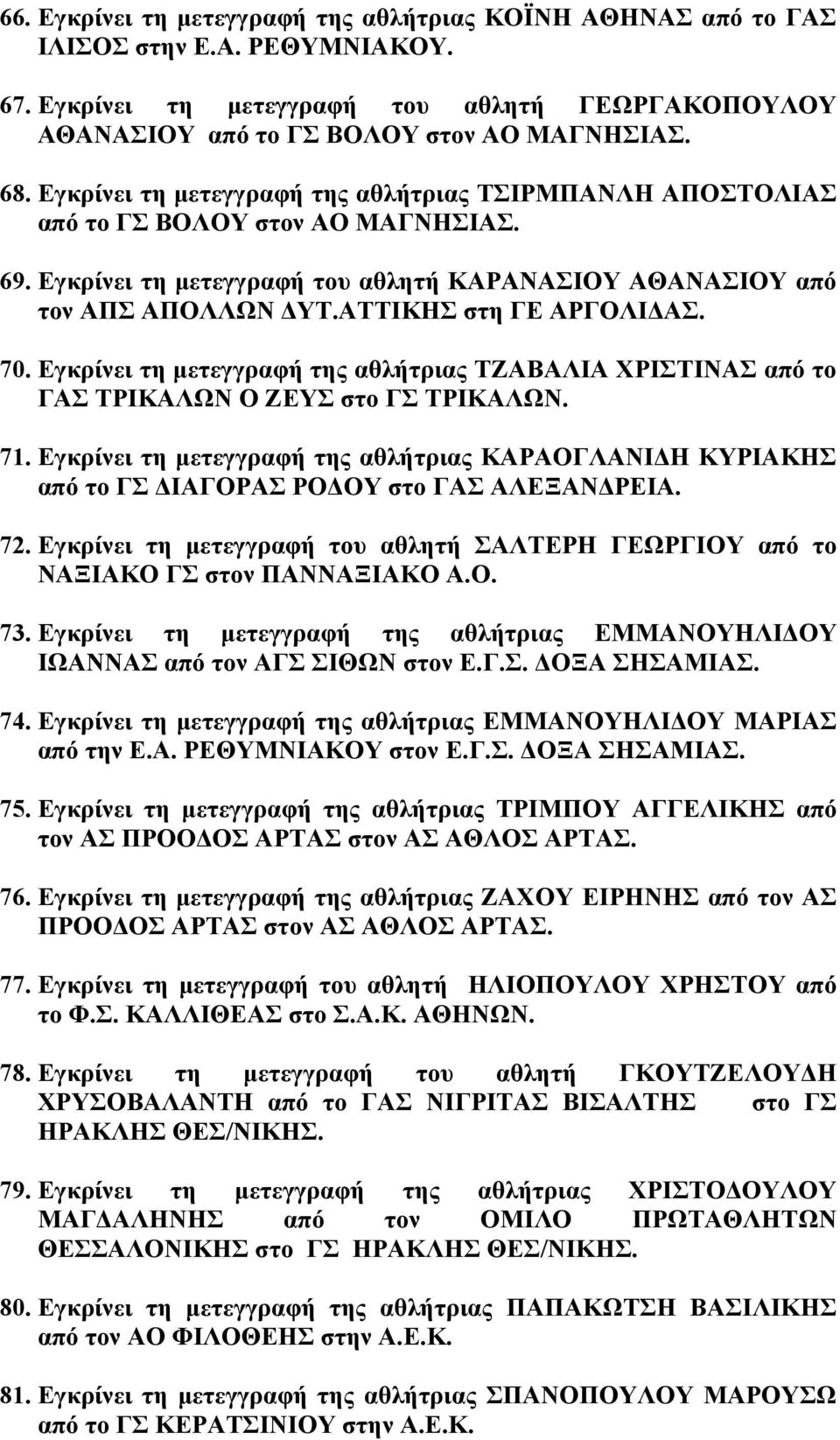 ΑΤΤΙΚΗΣ στη ΓΕ ΑΡΓΟΛΙ ΑΣ. 70. Εγκρίνει τη µετεγγραφή της αθλήτριας ΤΖΑΒΑΛΙΑ ΧΡΙΣΤΙΝΑΣ από το ΓΑΣ ΤΡΙΚΑΛΩΝ Ο ΖΕΥΣ στο ΓΣ ΤΡΙΚΑΛΩΝ. 71.