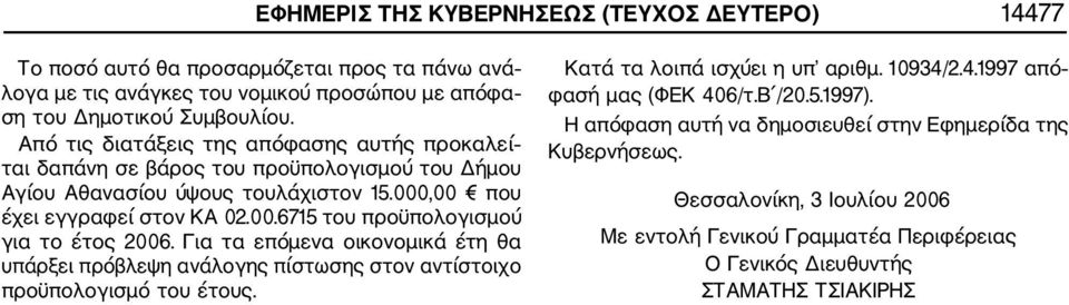 000,00 που έχει εγγραφεί στον ΚΑ 02.00.6715 του προϋπολογισμού Κατά τα λοιπά ισχύει η υπ αριθμ.