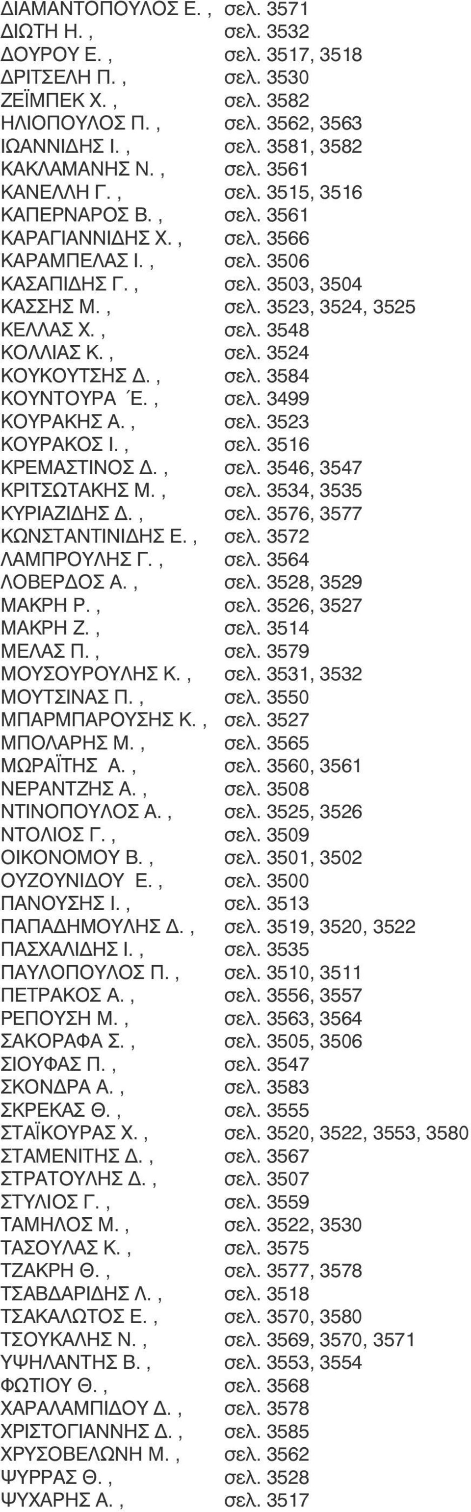 , σελ. 3524 ΚΟΥΚΟΥΤΣΗΣ Δ., σελ. 3584 ΚΟΥΝΤΟΥΡΑ Έ., σελ. 3499 ΚΟΥΡΑΚΗΣ Α., σελ. 3523 ΚΟΥΡΑΚΟΣ Ι., σελ. 3516 ΚΡΕΜΑΣΤΙΝΟΣ Δ., σελ. 3546, 3547 ΚΡΙΤΣΩΤΑΚΗΣ Μ., σελ. 3534, 3535 ΚΥΡΙΑΖΙΔΗΣ Δ., σελ. 3576, 3577 ΚΩΝΣΤΑΝΤΙΝΙΔΗΣ Ε.