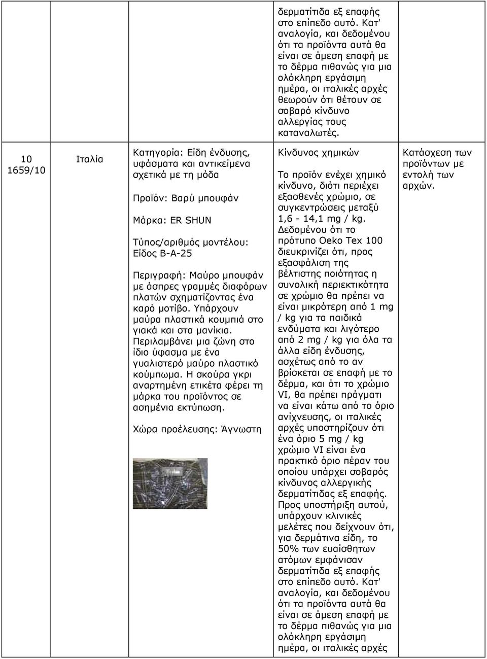 καταναλωτές. 10 1659/10 Ιταλία Προϊόν: Βαρύ µπουφάν Μάρκα: ER SHUN Είδος B-A-25 Περιγραφή: Μαύρο µπουφάν µε άσπρες γραµµές διαφόρων πλατών σχηµατίζοντας ένα καρό µοτίβο.