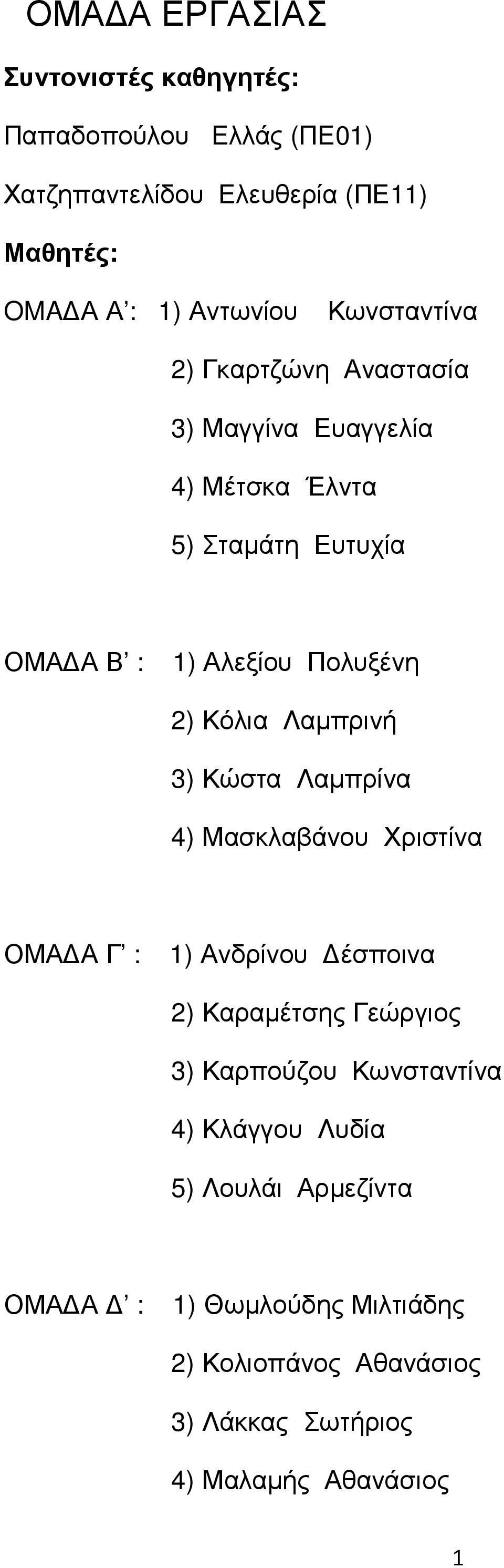 Λαµπρινή 3) Κώστα Λαµπρίνα 4) Μασκλαβάνου Χριστίνα ΟΜΑ Α Γ : 1) Ανδρίνου έσποινα 2) Καραµέτσης Γεώργιος 3) Καρπούζου Κωνσταντίνα