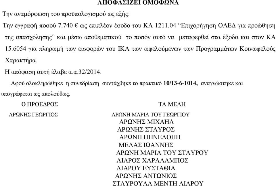 6054 για πληρωμή των εισφορών του ΙΚΑ των ωφελούμενων των Προγραμμάτων Κοινωφελούς Χαρακτήρα. Η απόφαση αυτή έλαβε α.α.32/2014.