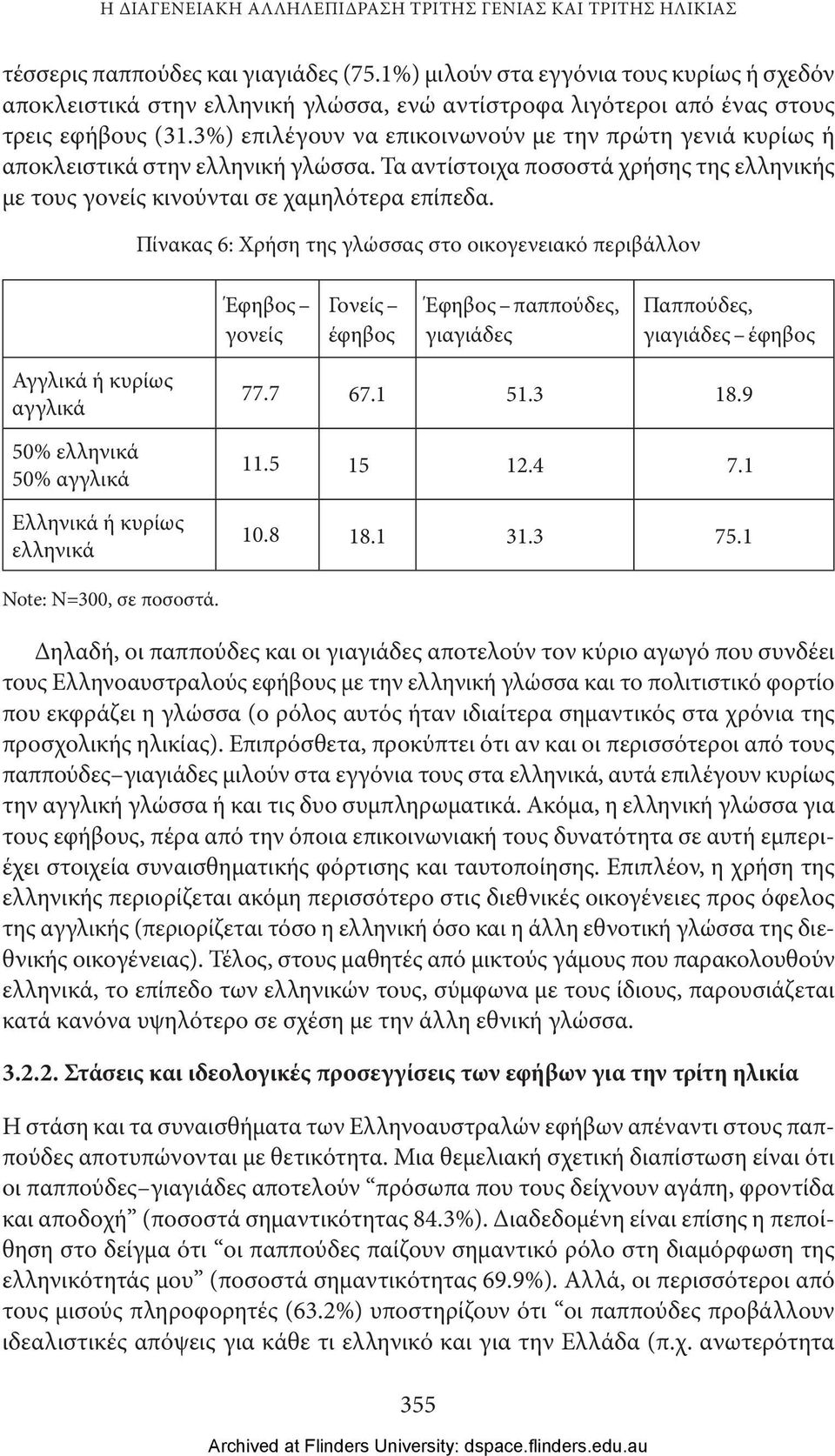 3%) επιλέγουν να επικοινωνούν με την πρώτη γενιά κυρίως ή αποκλειστικά στην ελληνική γλώσσα. Τα αντίστοιχα ποσοστά χρήσης της ελληνικής με τους γονείς κινούνται σε χαμηλότερα επίπεδα.