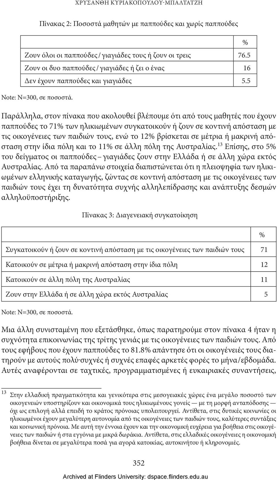Παράλληλα, στον πίνακα που ακολουθεί βλέπουμε ότι από τους μαθητές που έχουν παππούδες το 71% των ηλικιωμένων συγκατοικούν ή ζουν σε κοντινή απόσταση με τις οικογένειες των παιδιών τους, ενώ το 12%