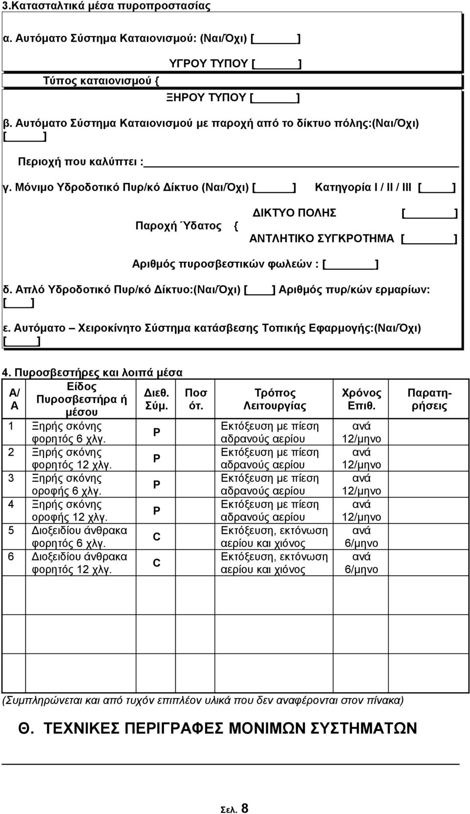 Μόνιμο Υδροδοτικό Πυρ/κό Δίκτυο (Ναι/Όχι) [ ] Κατηγορία Ι / ΙΙ / ΙΙΙ [ ] Παροχή Ύδατος { ΔΙΚΤΥΟ ΠΟΛΗΣ [ ] ΑΝΤΛΗΤΙΚΟ ΣΥΓΚΡΟΤΗΜΑ [ ] Αριθμός πυροσβεστικών φωλεών : [ ] δ.