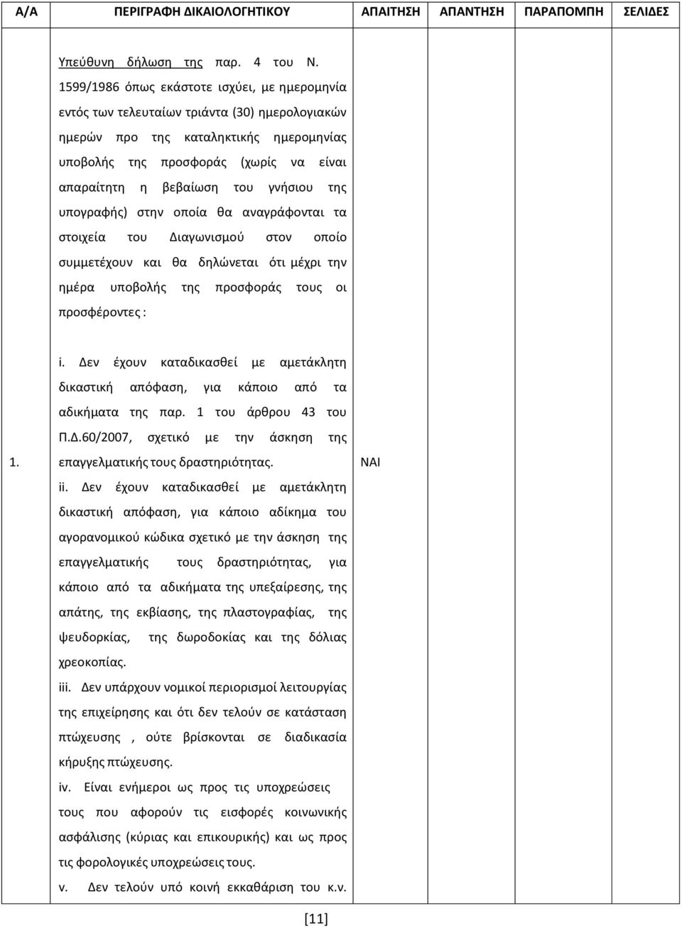γνήσιου της υπογραφής) στην οποία θα αναγράφονται τα στοιχεία του Διαγωνισμού στον οποίο συμμετέχουν και θα δηλώνεται ότι μέχρι την ημέρα υποβολής της προσφοράς τους οι προσφέροντες : 1. i.