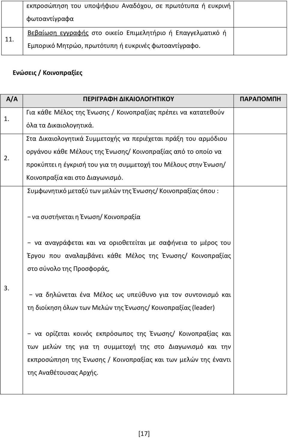 Στα Δικαιολογητικά Συμμετοχής να περιέχεται πράξη του αρμόδιου οργάνου κάθε Μέλους της Ένωσης/ Κοινοπραξίας από το οποίο να προκύπτει η έγκρισή του για τη συμμετοχή του Μέλους στην Ένωση/ Κοινοπραξία