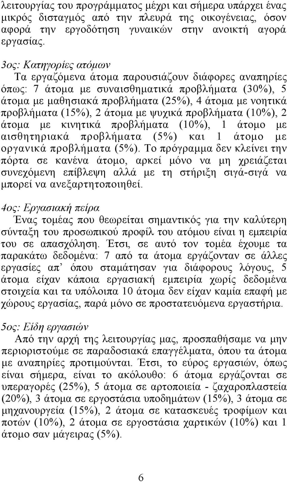 (15%), 2 άτομα με ψυχικά προβλήματα (10%), 2 άτομα με κινητικά προβλήματα (10%), 1 άτομο με αισθητηριακά προβλήματα (5%) και 1 άτομο με οργανικά προβλήματα (5%).