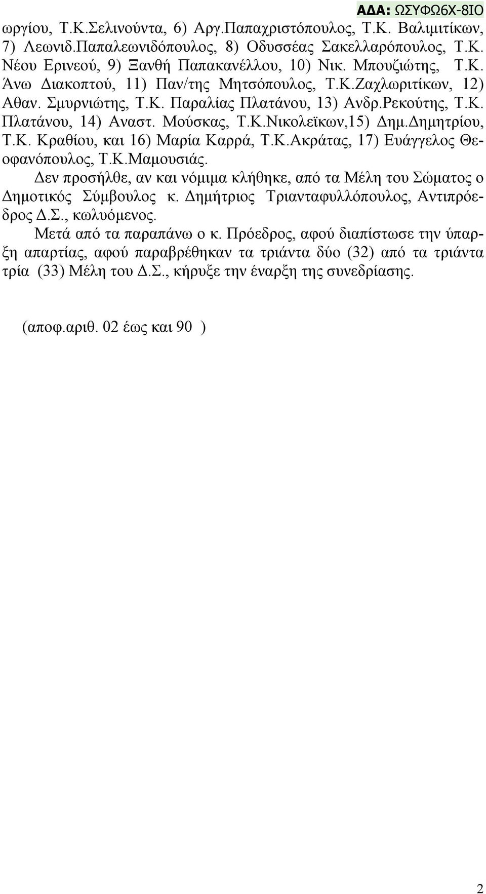 Δημητρίου, Τ.Κ. Κραθίου, και 16) Μαρία Καρρά, Τ.Κ.Ακράτας, 17) Eυάγγελος Θεοφανόπουλος, Τ.Κ.Μαμουσιάς. Δεν προσήλθε, αν και νόμιμα κλήθηκε, από τα Μέλη του Σώματος ο Δημοτικός Σύμβουλος κ.