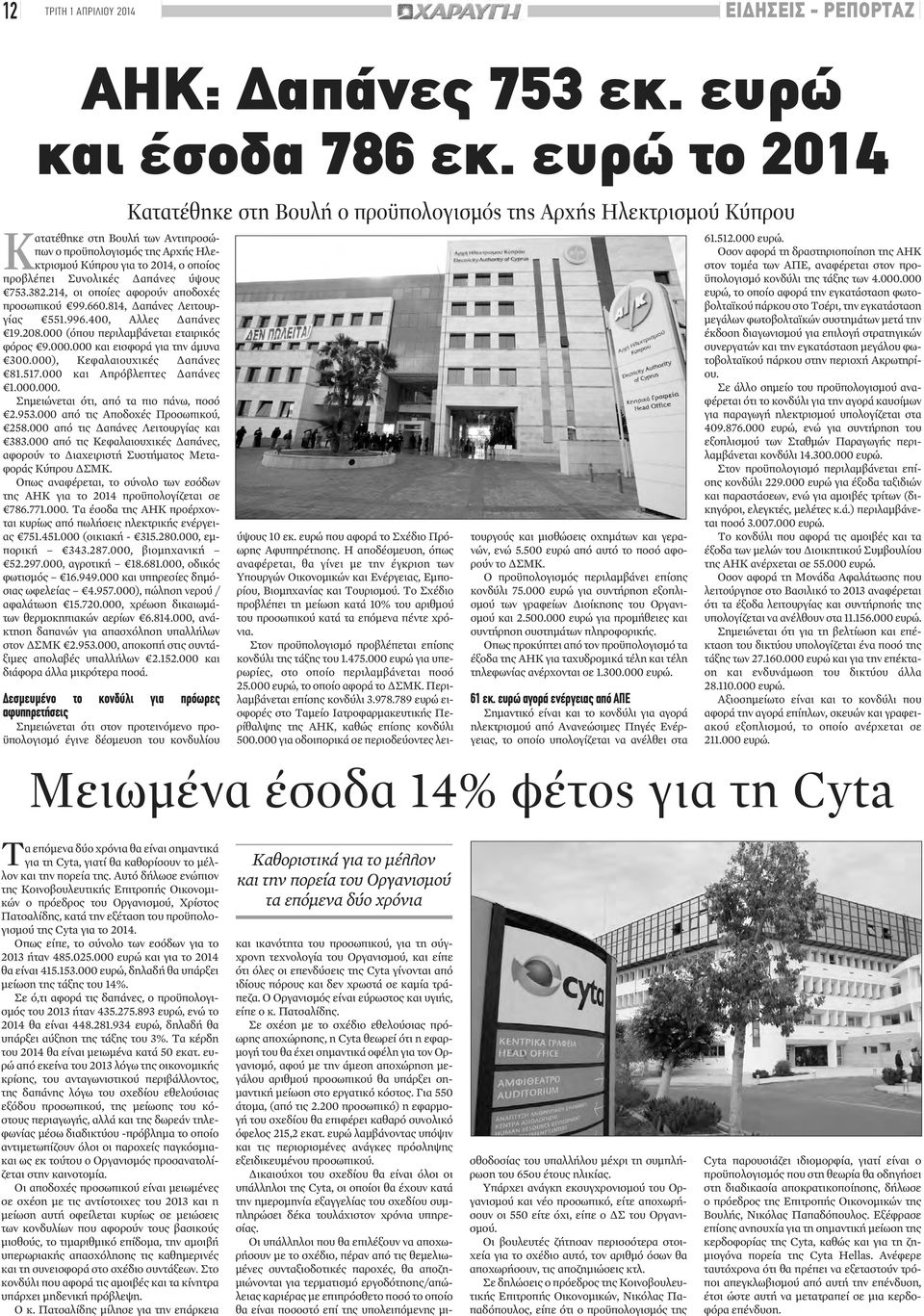 214, οι οποίες αφορούν αποδοχές προσωπικού 99.660.814, Δαπάνες Λειτουργίας 551.996.400, Αλλες Δαπάνες 19.208.000 (όπου περιλαμβάνεται εταιρικός φόρος 9.000.000 και εισφορά για την άμυνα 300.