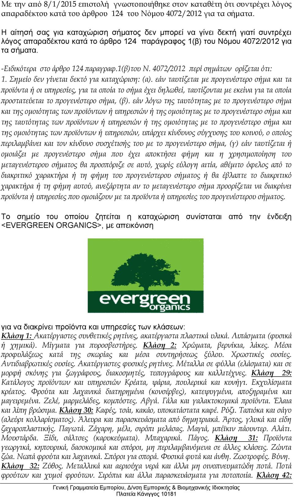 1(β)του Ν. 4072/2012 περί σημάτων ορίζεται ότι: 1. Σημείο δεν γίνεται δεκτό για καταχώριση: (α).