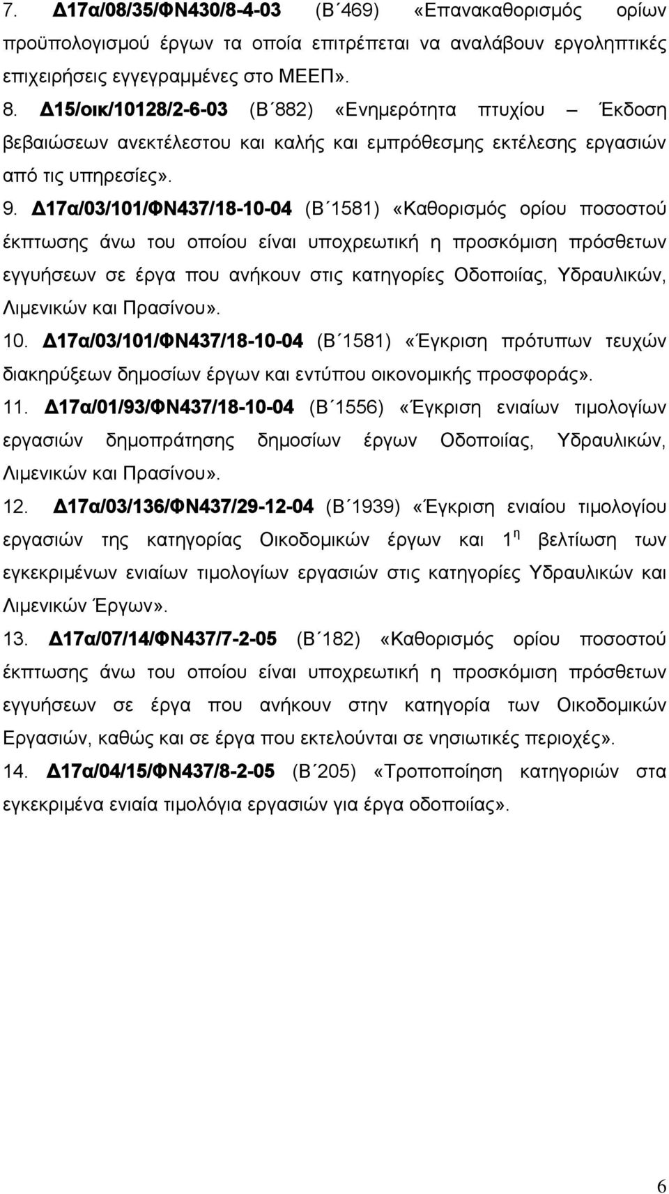 Δ17α/03/101/ΦΝ437/18-10-04 (Β 1581) «Καθορισμός ορίου ποσοστού έκπτωσης άνω του οποίου είναι υποχρεωτική η προσκόμιση πρόσθετων εγγυήσεων σε έργα που ανήκουν στις κατηγορίες Οδοποιίας, Υδραυλικών,