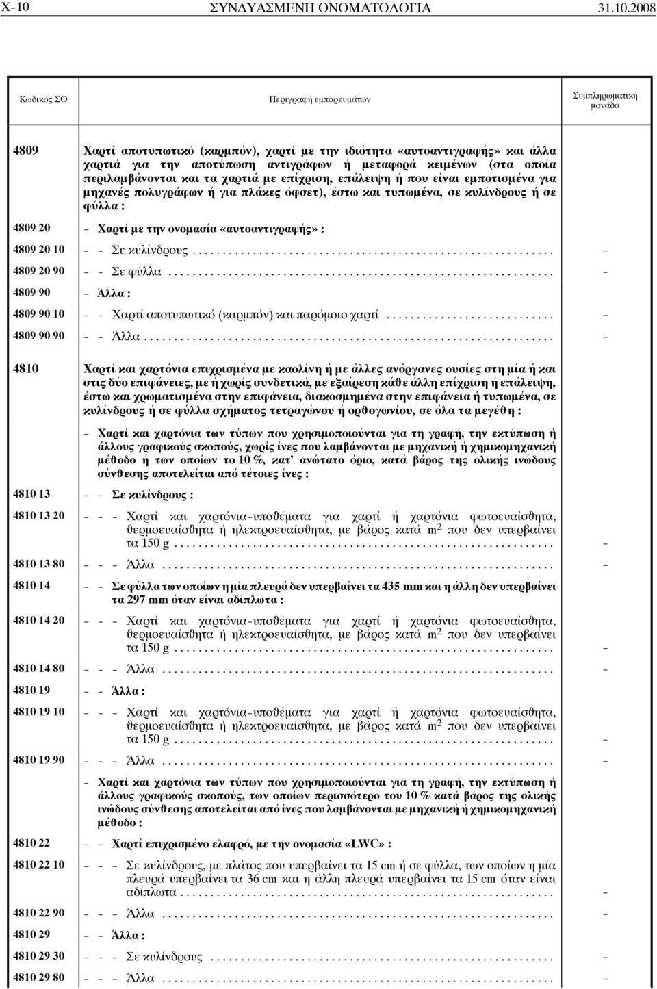 «αυτοαντιγραφής» : 4809 20 10 - - Σε κυλίνδρους... - 4809 20 90 - - Σε φύλλα... - 4809 90 - Άλλα : 4809 90 10 - - Χαρτί αποτυπωτικό (καρμπόν) και παρόμοιο χαρτί... - 4809 90 90 - - Άλλα.