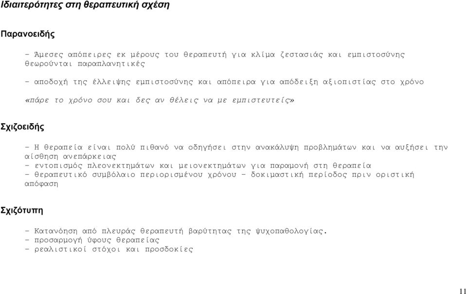 ανακάλυψη προβληµάτων και να αυξήσει την αίσθηση ανεπάρκειας - εντοπισµός πλεονεκτηµάτων και µειονεκτηµάτων για παραµονή στη θεραπεία - θεραπευτικό συµβόλαιο περιορισµένου χρόνου