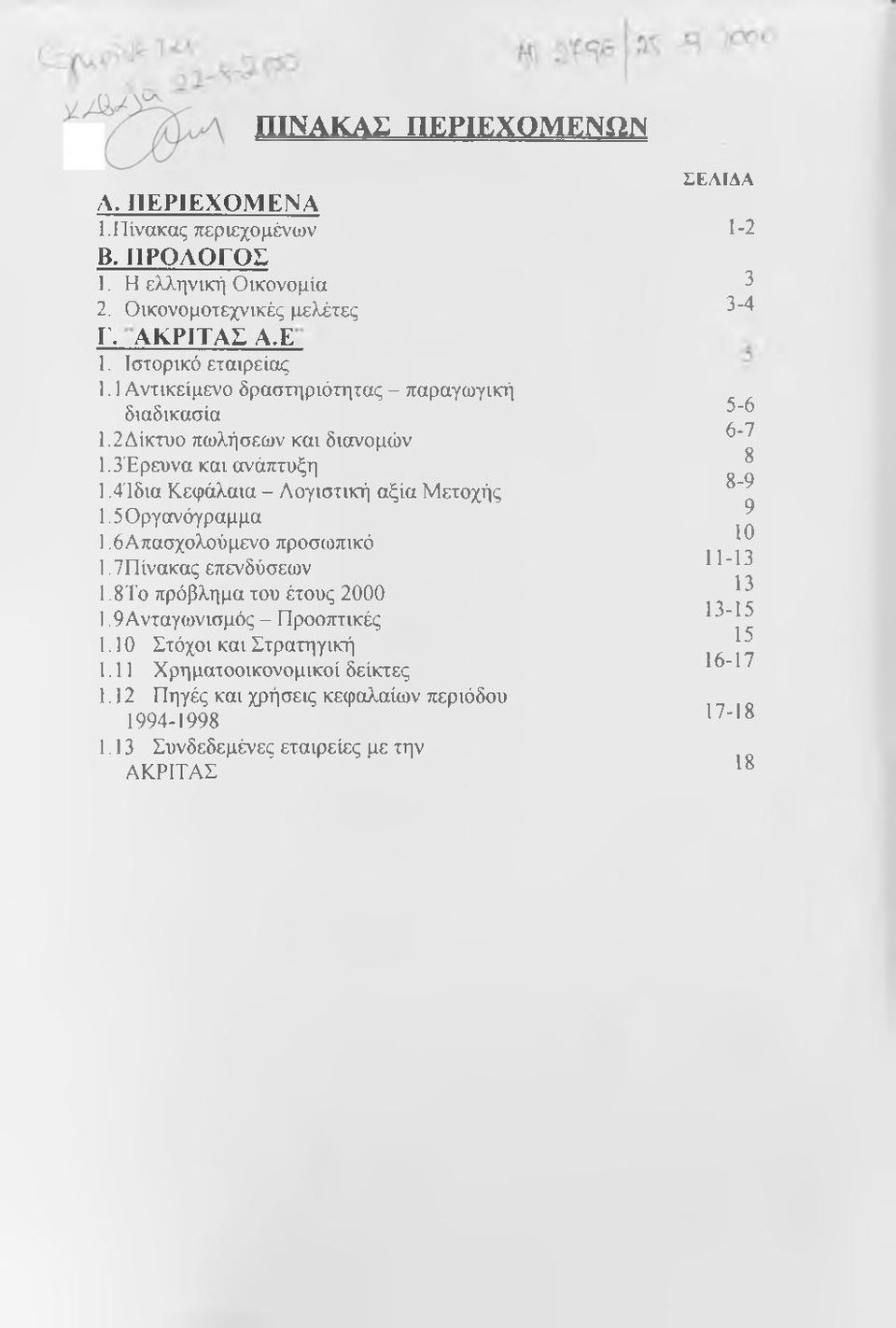 5 Οργανόγραμμα 1.6Απασχολούμενο προσωπικό 1,7Πίνακας επενδύσεων 1.8Το πρόβλημα του έτους 2000 1.9Ανταγωνισμός - Προοπτικές 1.10 Στόχοι και Στρατηγική 1.