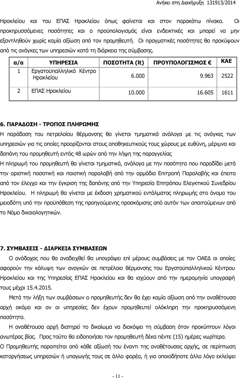 Οι πραγματικές ποσότητες θα προκύψουν από τις ανάγκες των υπηρεσιών κατά τη διάρκεια της σύμβασης. α/α ΥΠΗΡΕΣΙΑ ΠΟΣΟΤΗΤΑ (lt) ΠΡΟΥΠΟΛΟΓΙΣΜΟΣ ΚΑΕ 1 Εργατοϋπαλληλικό Κέντρο Ηρακλείου 6.000 9.