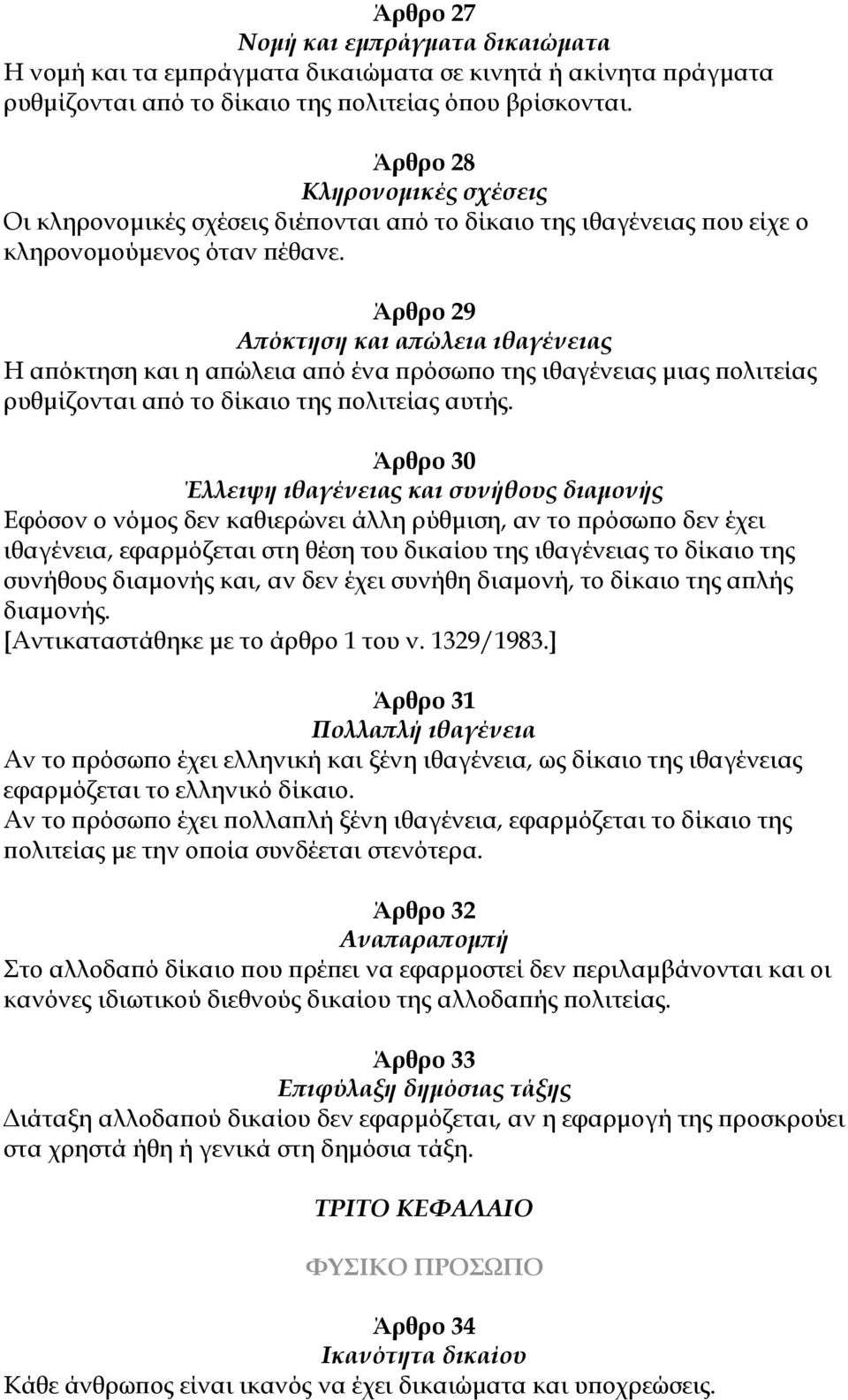 Άρθρο 29 Απόκτηση και απώλεια ιθαγένειας Η απόκτηση και η απώλεια από ένα πρόσωπο της ιθαγένειας μιας πολιτείας ρυθμίζονται από το δίκαιο της πολιτείας αυτής.