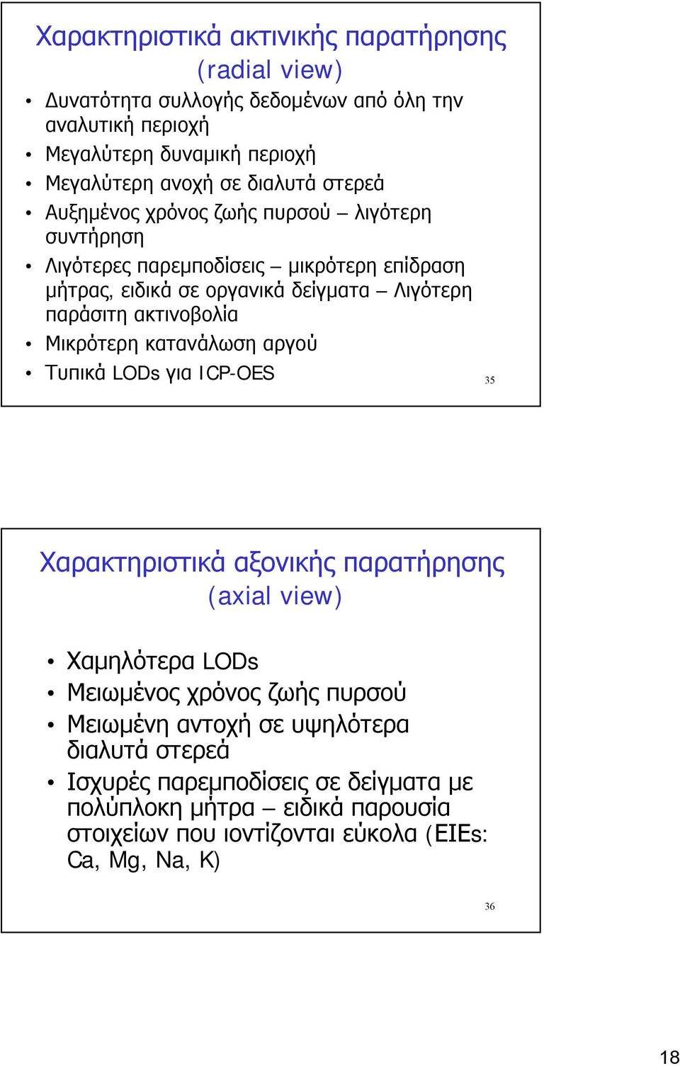 ακτινοβολία Μικρότερη κατανάλωση αργού Τυπικά LODs για ICP-OES 35 Χαρακτηριστικά αξονικής παρατήρησης (axial view) Χαμηλότερα LODs Μειωμένος χρόνος ζωής πυρσού