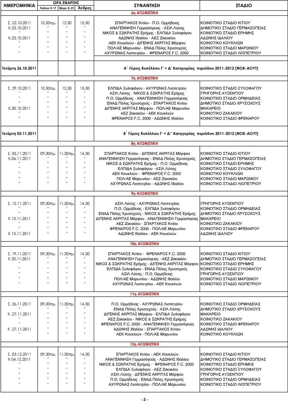 2011 " " " Α ΩΝΗΣ Ιδαλίου - ΑΕΖ Ζακακίου Α ΩΝΗΣ Ι ΑΛΙΟΥ " " " " ΑΕΚ Κουκλιών - ΙΓΕΝΗΣ ΑΚΡΙΤΑΣ Μόρφου ΚΟΙΝΟΤΙΚΟ ΚΟΥΚΛΙΩΝ " " " " ΠΟΛ/ΑΕ Μαρωνίου - ΕΝΑ Πόλης Χρυσοχούς ΚΟΙΝΟΤΙΚΟ ΣΤΑ ΙΟ ΜΑΡΩΝΙΟΥ " " " "