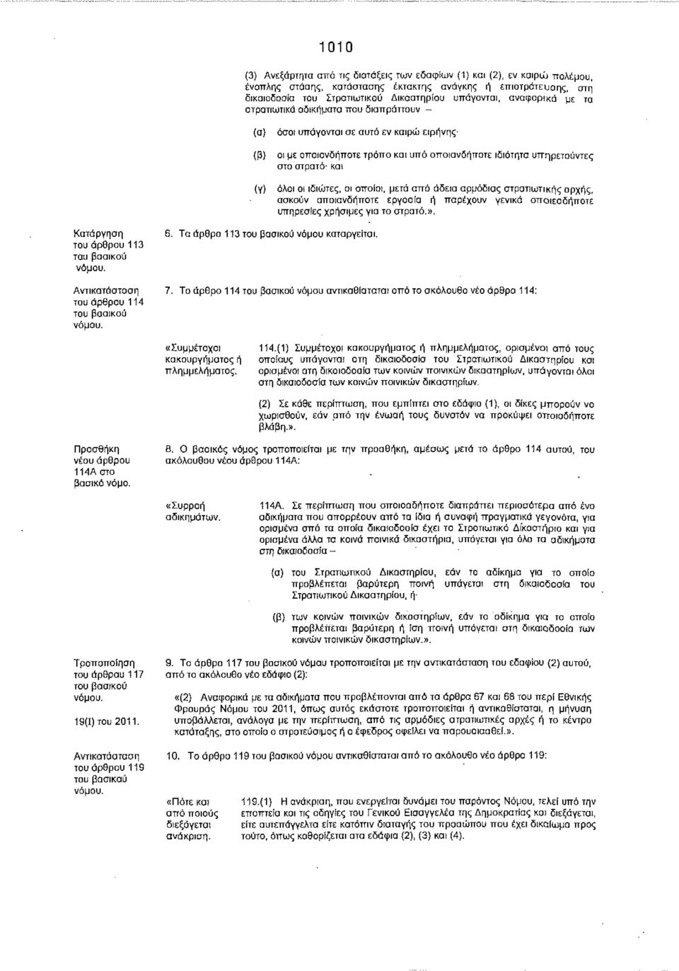 ιδιώτε, οι οποίοι, μετά από άδεια αρμόδια στρατιωτική αρχή, ασκούν οποιανδήποτε εργασία ή παρέχουν γενικά οποιεσδήποτε υπ ηρεσίε χρήσιμε για το στρατό,». Κατάργηση του άρθρου 113 του βασικού νόμου.