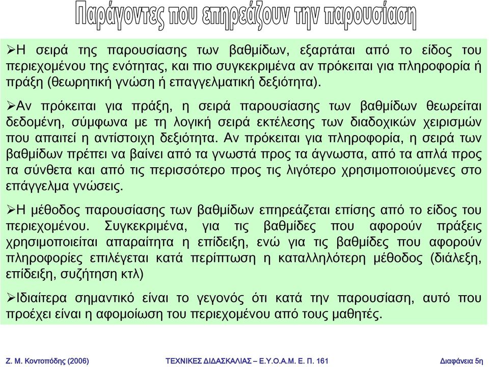 Αν πρόκειται για πληροφορία, η σειρά των βαθμίδων πρέπει να βαίνει από τα γνωστά προς τα άγνωστα, από τα απλά προς τα σύνθετα και από τις περισσότερο προς τις λιγότερο χρησιμοποιούμενες στο επάγγελμα