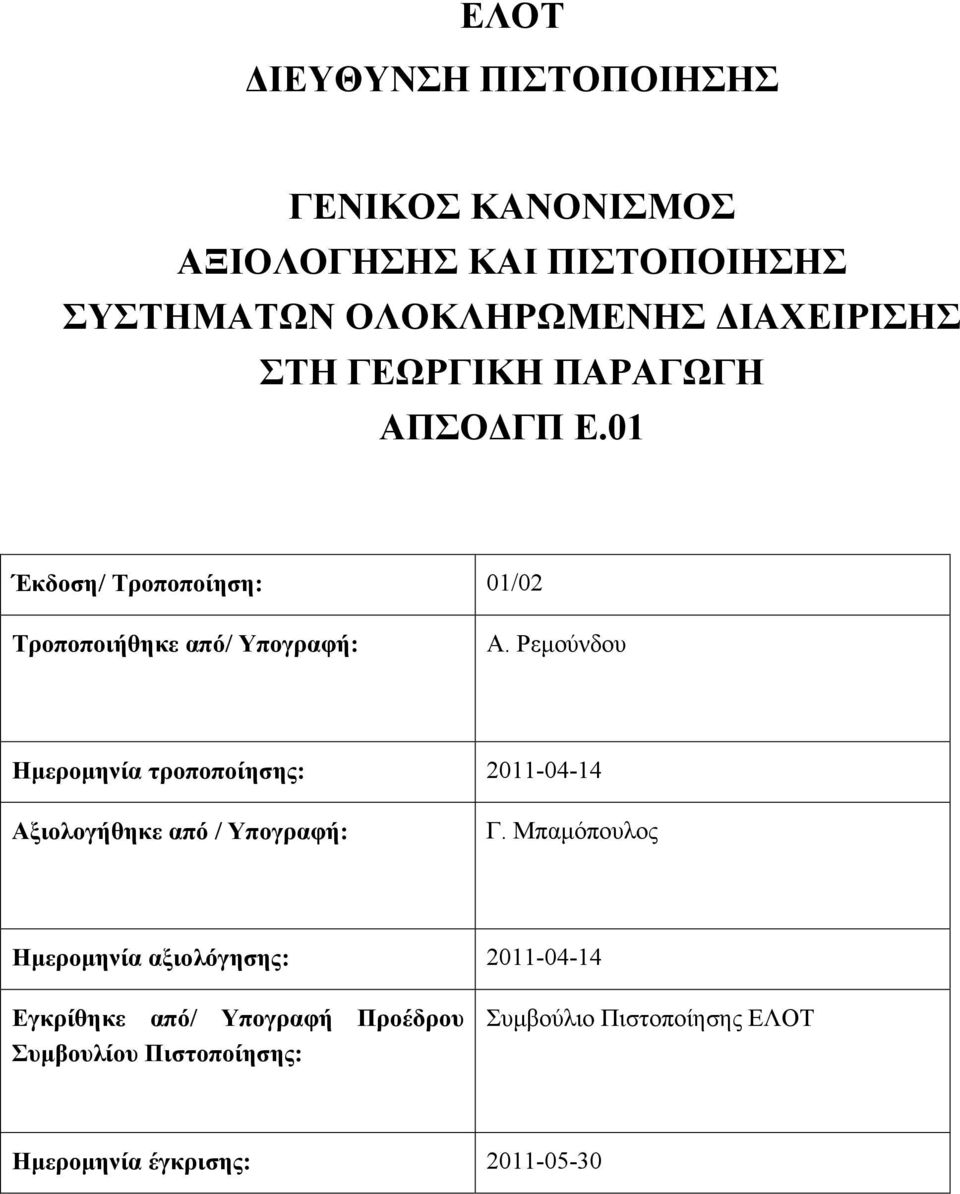 Ρεµούνδου Ηµεροµηνία τροποποίησης: 2011-04-14 Αξιολογήθηκε από / Υπογραφή: Γ.