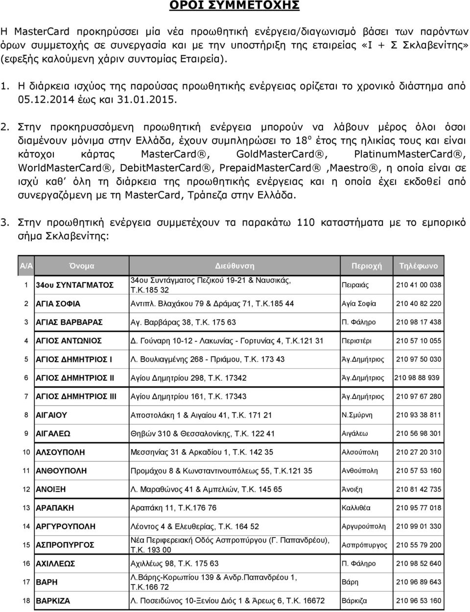Στην προκηρυσσόμενη προωθητική ενέργεια μπορούν να λάβουν μέρος όλοι όσοι διαμένουν μόνιμα στην Ελλάδα, έχουν συμπληρώσει το 18 ο έτος της ηλικίας τους και είναι κάτοχοι κάρτας MasterCard,
