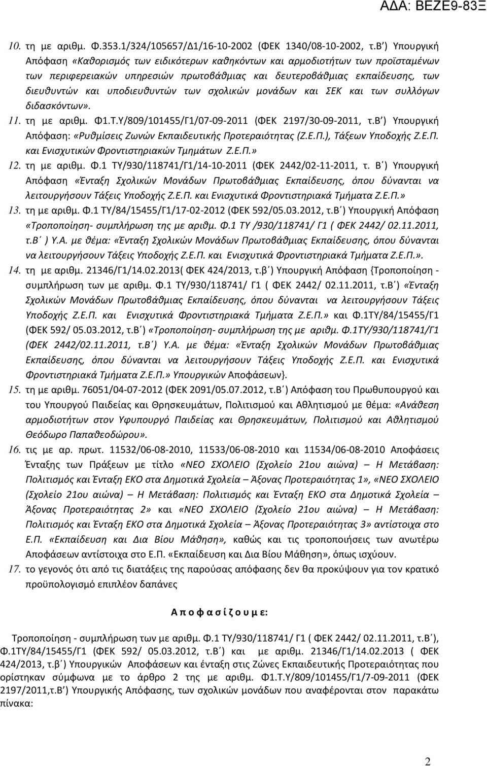 υποδιευθυντών των σχολικών μονάδων και ΣΕΚ και των συλλόγων διδασκόντων». 11. τη με αριθμ. Φ1.Τ.Υ/809/101455/Γ1/07-09-2011 (ΦΕΚ 2197/30-09-2011, τ.