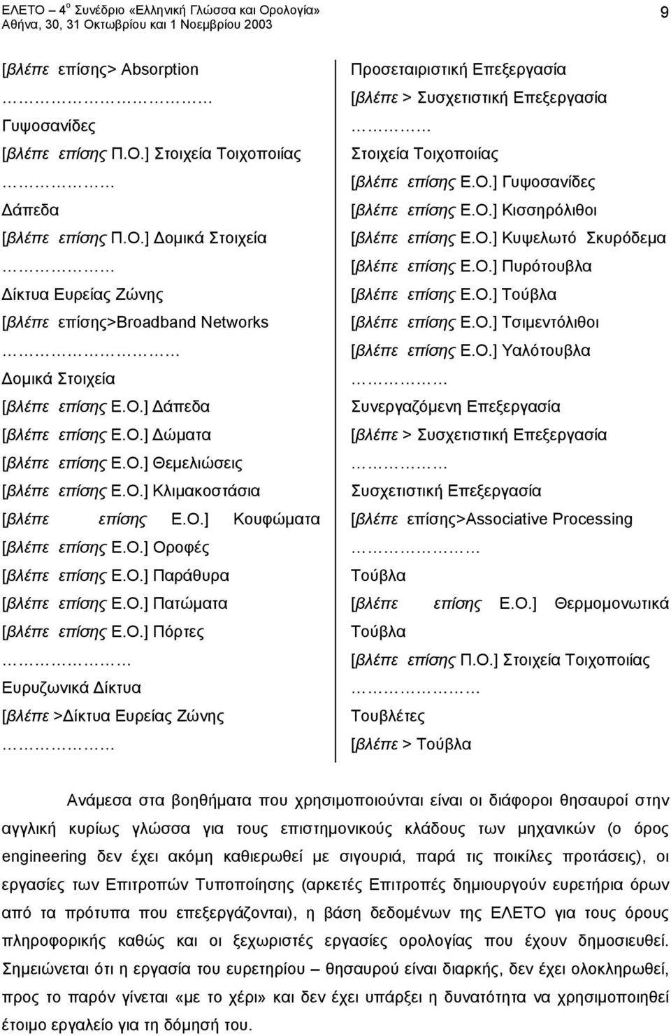 Ο.] Πατώματα [βλέπε επίσης Ε.Ο.] Πόρτες Ευρυζωνικά Δίκτυα [βλέπε >Δίκτυα Ευρείας Ζώνης Προσεταιριστική Επεξεργασία [βλέπε > Συσχετιστική Επεξεργασία Στοιχεία Τοιχοποιίας [βλέπε επίσης Ε.Ο.] Γυψοσανίδες [βλέπε επίσης Ε.