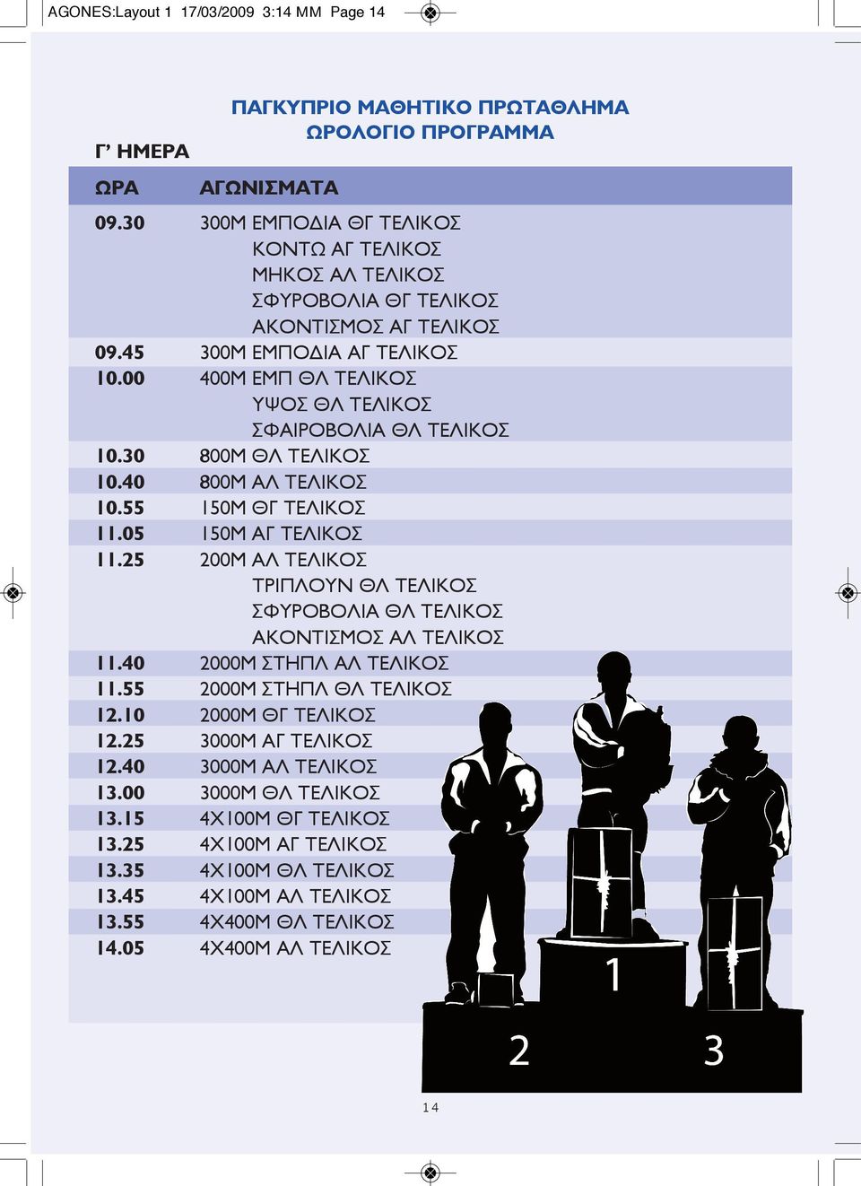 00 400Μ ΕΜΠ ΘΛ ΤΕΛΙΚΟΣ ΥΨΟΣ ΘΛ ΤΕΛΙΚΟΣ ΣΦΑΙΡΟΒΟΛΙΑ ΘΛ ΤΕΛΙΚΟΣ 10.30 800Μ ΘΛ ΤΕΛΙΚΟΣ 10.40 800Μ ΑΛ ΤΕΛΙΚΟΣ 10.55 150Μ ΘΓ ΤΕΛΙΚΟΣ 11.05 150Μ ΑΓ ΤΕΛΙΚΟΣ 11.