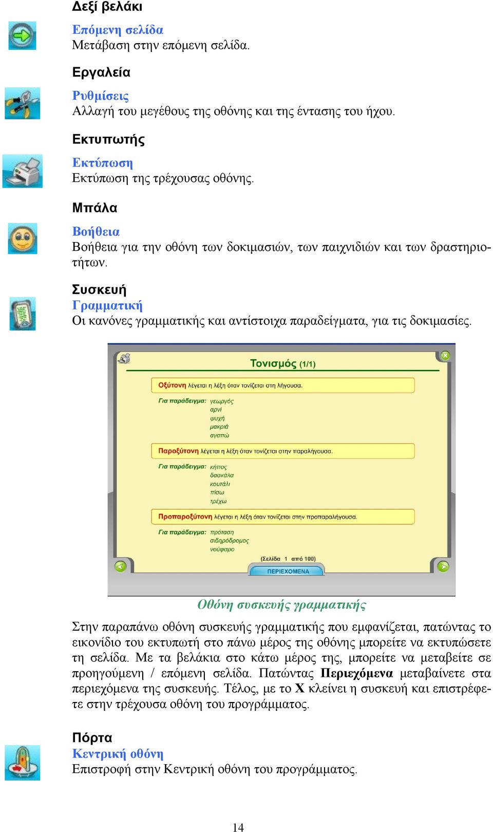 Οθόνη συσκευής γραμματικής Στην παραπάνω οθόνη συσκευής γραμματικής που εμφανίζεται, πατώντας το εικονίδιο του εκτυπωτή στο πάνω μέρος της οθόνης μπορείτε να εκτυπώσετε τη σελίδα.