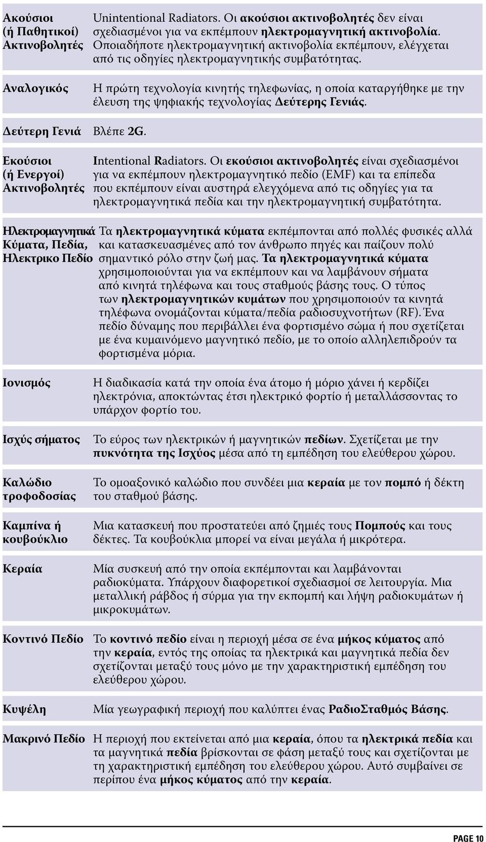 Αναλογικός Η πρώτη τεχνολογία κινητής τηλεφωνίας, η οποία καταργήθηκε με την έλευση της ψηφιακής τεχνολογίας Δεύτερης Γενιάς. Δεύτερη Γενιά Βλέπε 2G. Εκούσιοι Intentional Radiators.