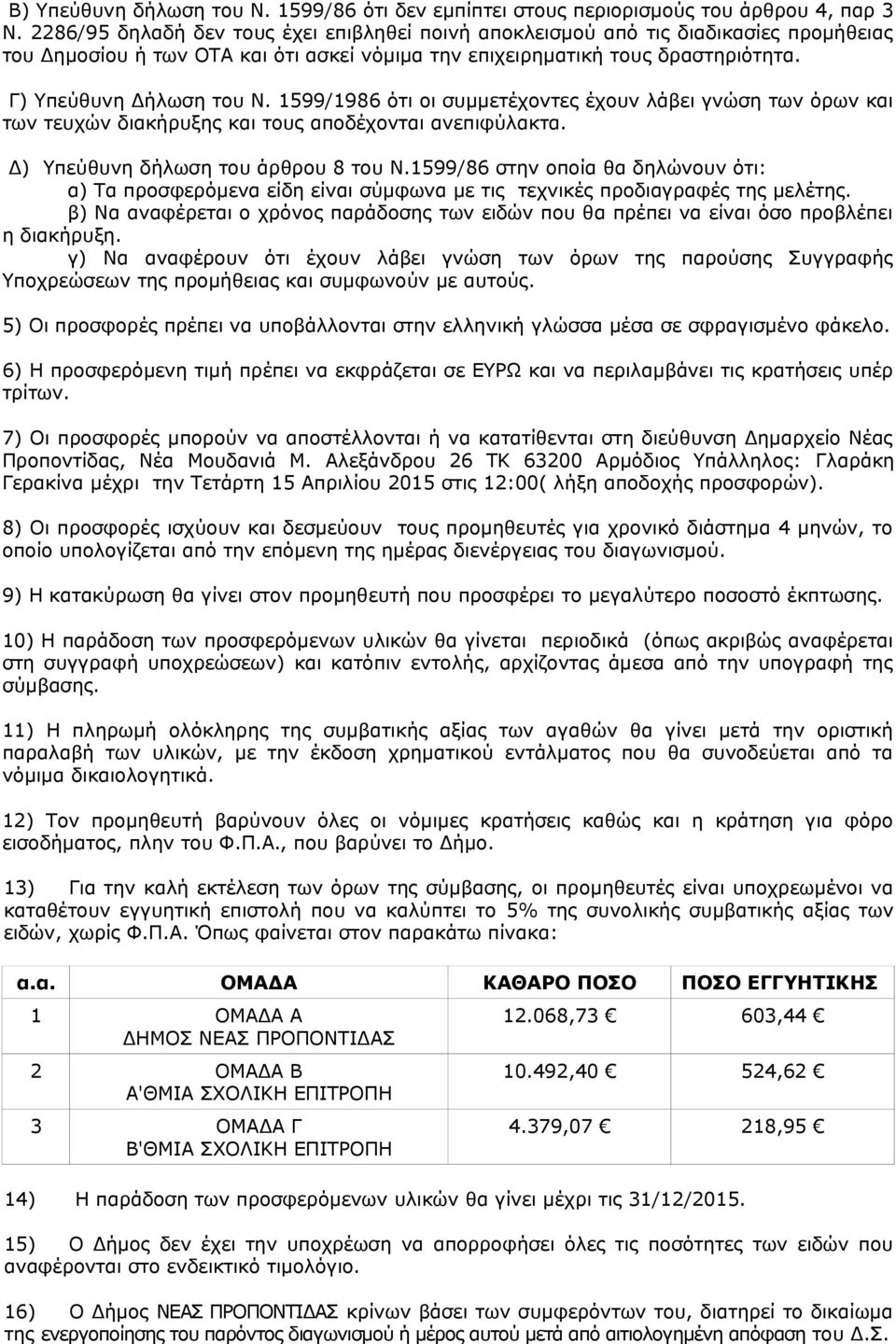1599/1986 ότι οι συμμετέχοντες έχουν λάβει γνώση των όρων και των τευχών διακήρυξης και τους αποδέχονται ανεπιφύλακτα. Δ) Υπεύθυνη δήλωση του άρθρου 8 του Ν.
