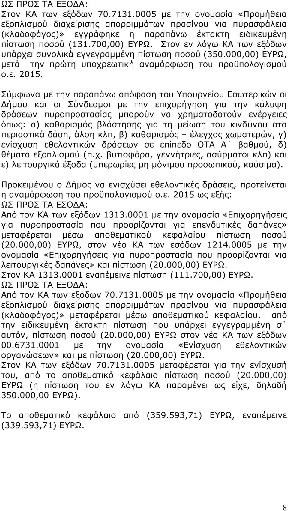 Στον εν λόγω ΚΑ των εξόδων υπάρχει συνολικά εγγεγραµµένη πίστωση ποσού (350.000,00) ΕΥΡΩ, µετά την πρώτη υποχρεωτική αναµόρφωση του προϋπολογισµού ο.ε. 2015.