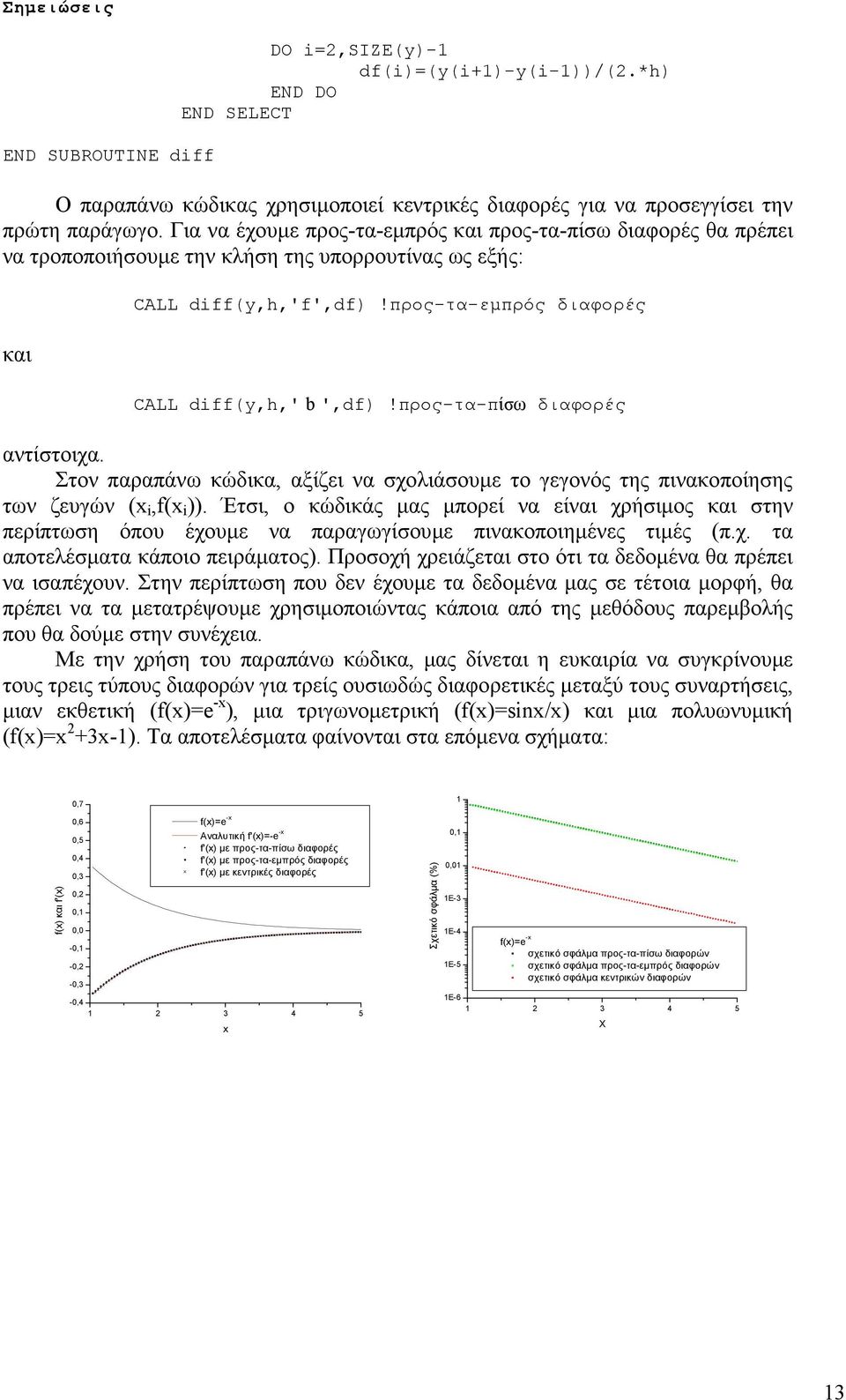 προς-τα-πίσω διαφορές αντίστοιχα. Στον παραπάνω κώδικα, αξίζει να σχολιάσουµε το γεγονός της πινακοποίησης των ζευγών (x i,f(x i )).