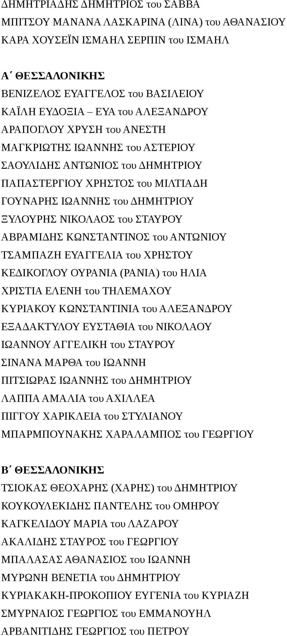 ΚΩΝΣΤΑΝΤΙΝΟΣ του ΑΝΤΩΝΙΟΥ ΤΣΑΜΠΑΖΗ ΕΥΑΓΓΕΛΙΑ του ΧΡΗΣΤΟΥ ΚΕΔΙΚΟΓΛΟΥ ΟΥΡΑΝΙΑ (ΡΑΝΙΑ) του ΗΛΙΑ ΧΡΙΣΤΙΑ ΕΛΕΝΗ του ΤΗΛΕΜΑΧΟΥ ΚΥΡΙΑΚΟΥ ΚΩΝΣΤΑΝΤΙΝΙΑ του ΑΛΕΞΑΝΔΡΟΥ ΕΞΑΔΑΚΤΥΛΟΥ ΕΥΣΤΑΘΙΑ του ΝΙΚΟΛΑΟΥ ΙΩΑΝΝΟΥ
