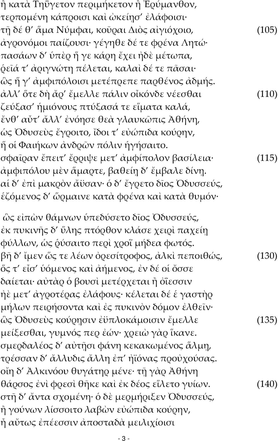ἀλλ ὅτε δὴ ἄρ ἔμελλε πάλιν οἶκόνδε νέεσθαι (110) ζεύξασ ἡμιόνους πτύξασά τε εἵματα καλά, ἔνθ αὖτ ἄλλ ἐνόησε θεὰ γλαυκῶπις Ἀθήνη, ὡς Ὀδυσεὺς ἔγροιτο, ἴδοι τ εὐώπιδα κούρην, ἥ οἱ Φαιήκων ἀνδρῶν πόλιν