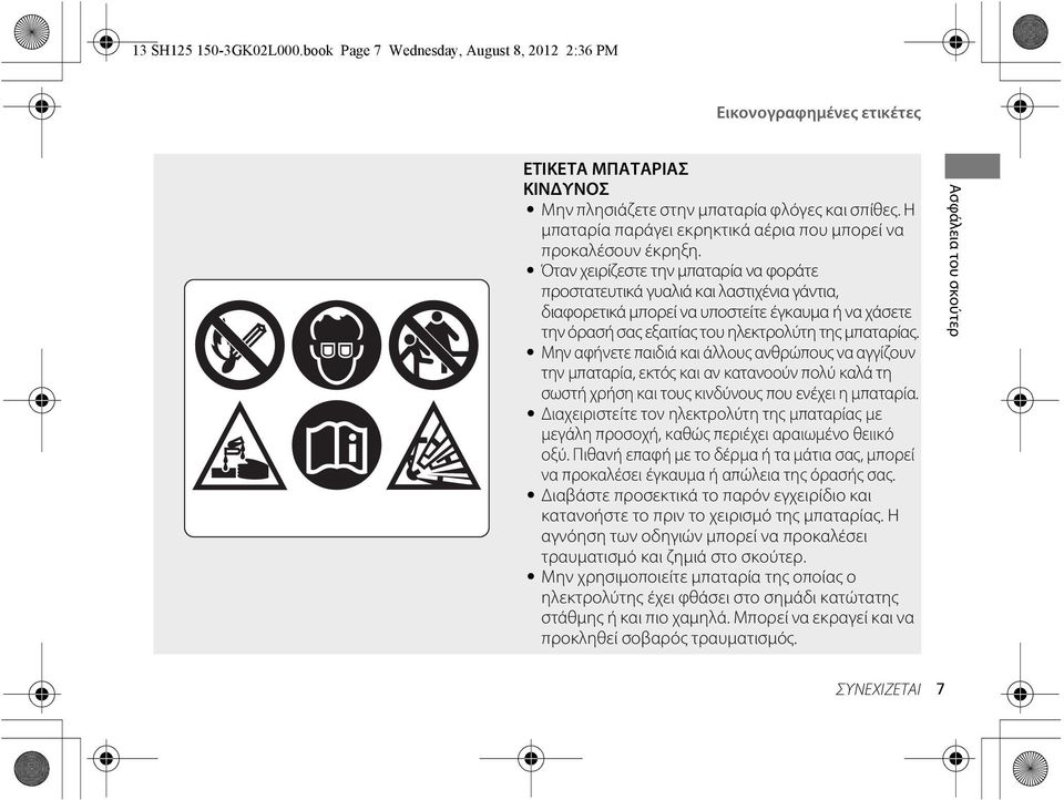 Όταν χειρίζεστε την μπαταρία να φοράτε προστατευτικά γυαλιά και λαστιχένια γάντια, διαφορετικά μπορεί να υποστείτε έγκαυμα ή να χάσετε την όρασή σας εξαιτίας του ηλεκτρολύτη της μπαταρίας.