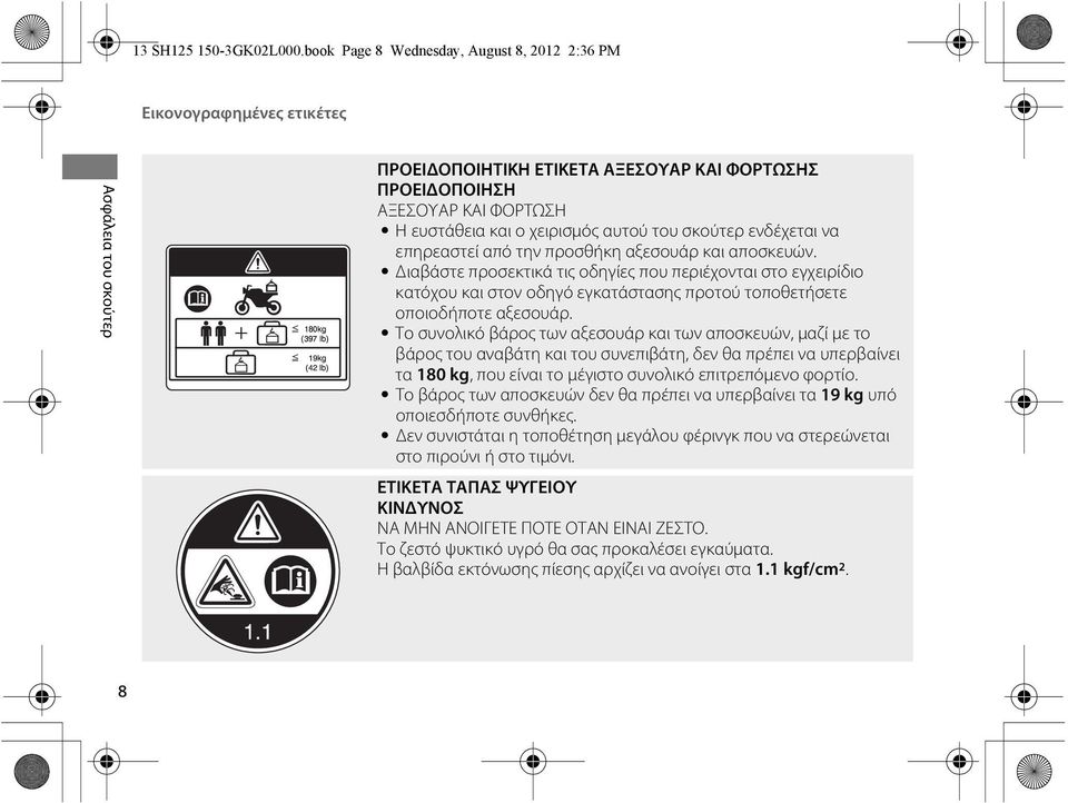 χειρισμός αυτού του σκούτερ ενδέχεται να επηρεαστεί από την προσθήκη αξεσουάρ και αποσκευών.